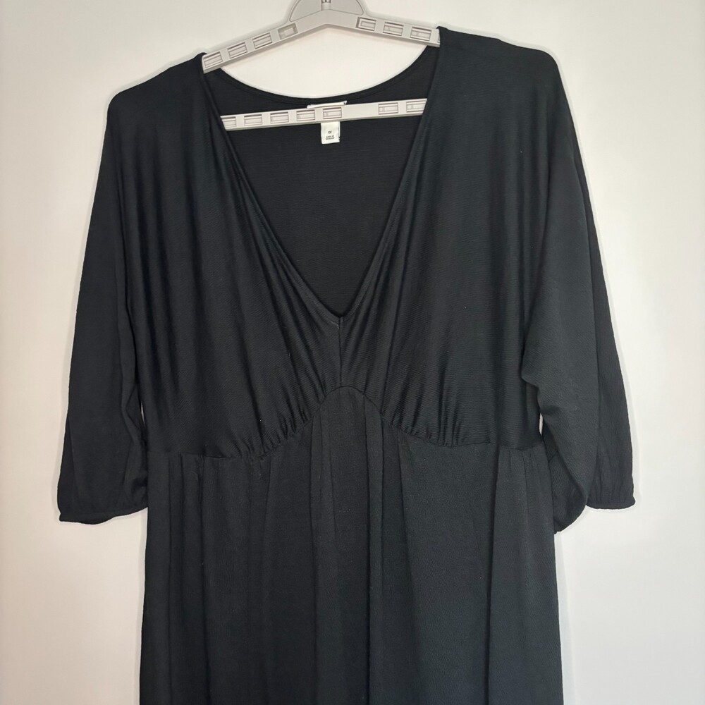 AVA & VIV Womens 1X Gauze Stretch VNeck Midi Dress Black 3/4 Balloon Sleeve Plus - Picture 4 of 8